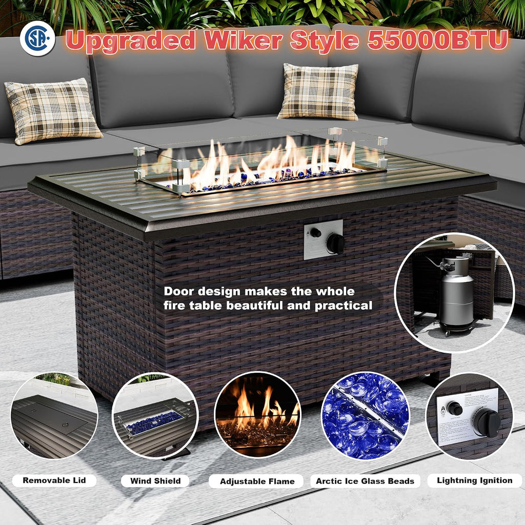 Outdoor Patio Furniture Set with Gas Fire Pit Table, 7 Pieces Patio Furniture Set Outdoor Sectional Sofa w/43in Propane Fire Pit, PE Wicker Rattan Patio Conversation Sets -Grey