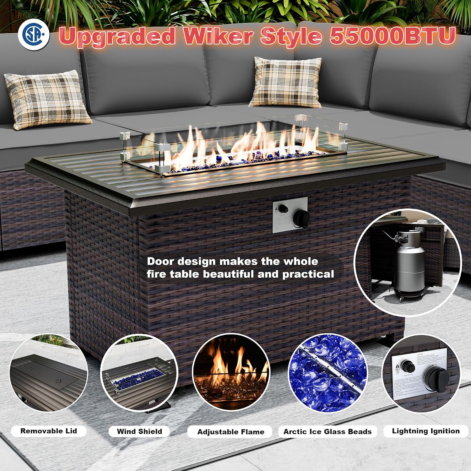 Outdoor Patio Furniture Set with Gas Fire Pit Table, 7 Pieces Patio Furniture Set Outdoor Sectional Sofa w/43in Propane Fire Pit, PE Wicker Rattan Patio Conversation Sets -Grey