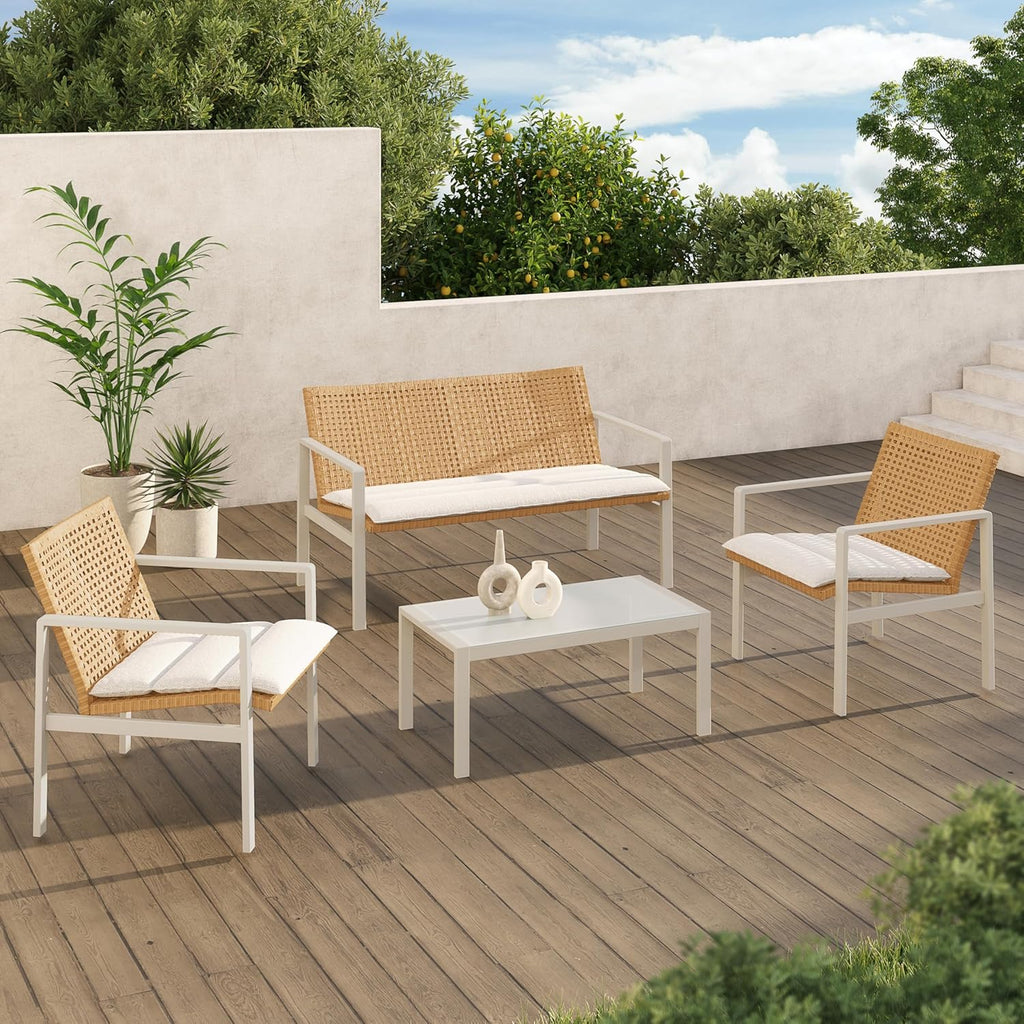 Grand patio Outdoor Furniture Set, 4-piece Wicker Patio Furniture Set with Beige Cushions, Modern Metal Conversation Loveseat Chairs with Glass Top Coffee Table for Porch Deck Backyard Balcony