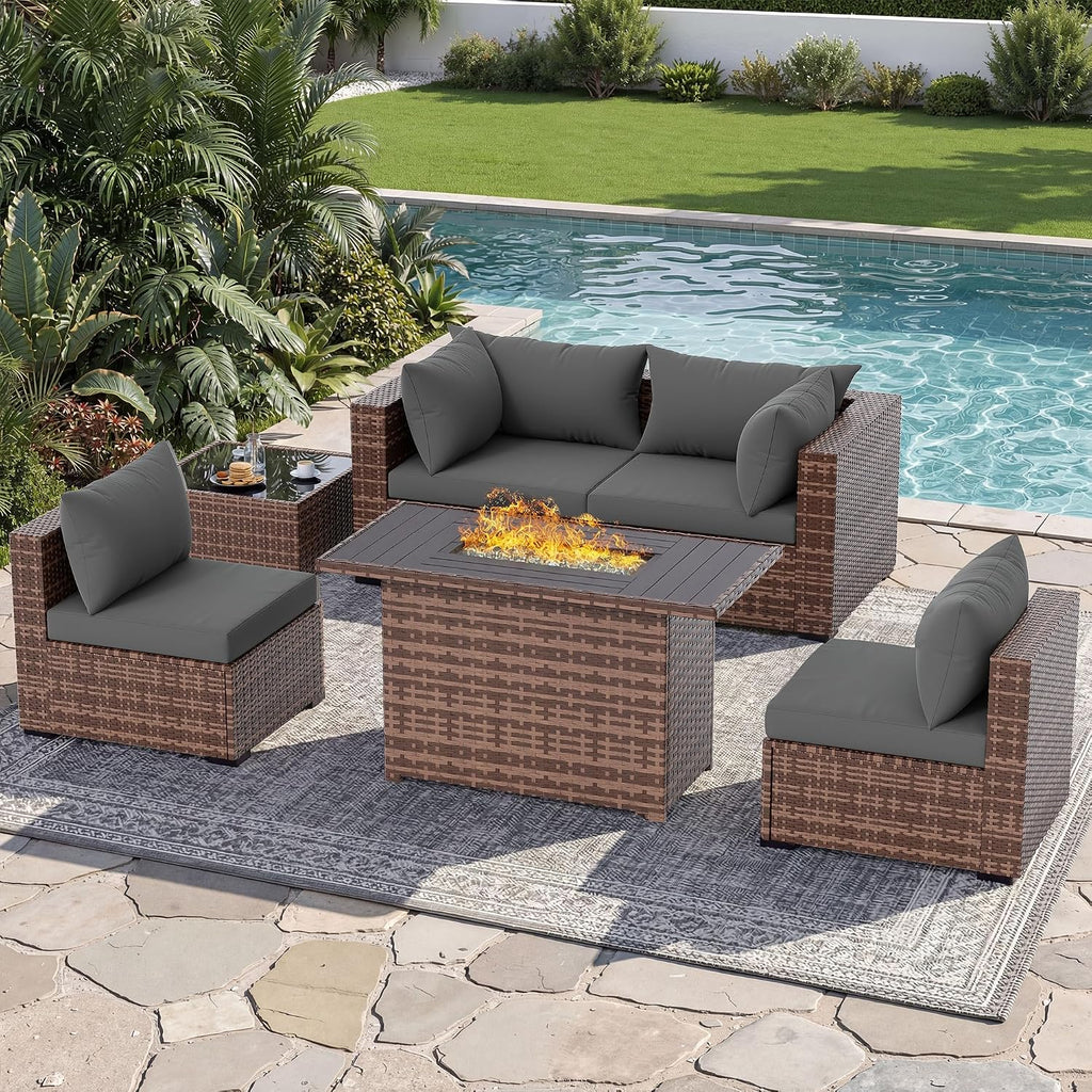 UDPATIO Patio Furniture Set with Fire Pit Table, 5 Piece Outdoor Sectional Sofas, All-Weather Wicker Conversation for Garden, Backyard, Grey
