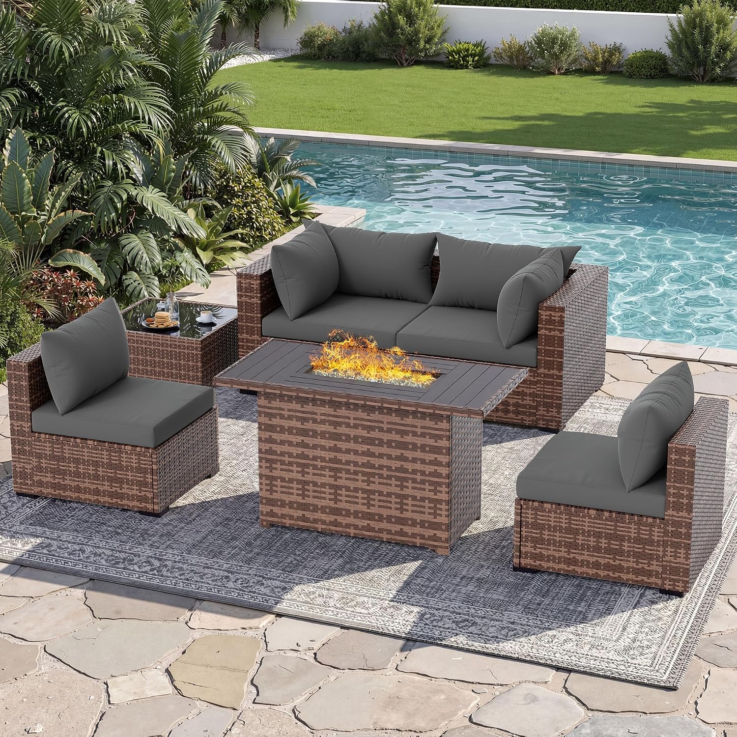 UDPATIO Patio Furniture Set with Fire Pit Table, 5 Piece Outdoor Sectional Sofas, All-Weather Wicker Conversation for Garden, Backyard, Grey