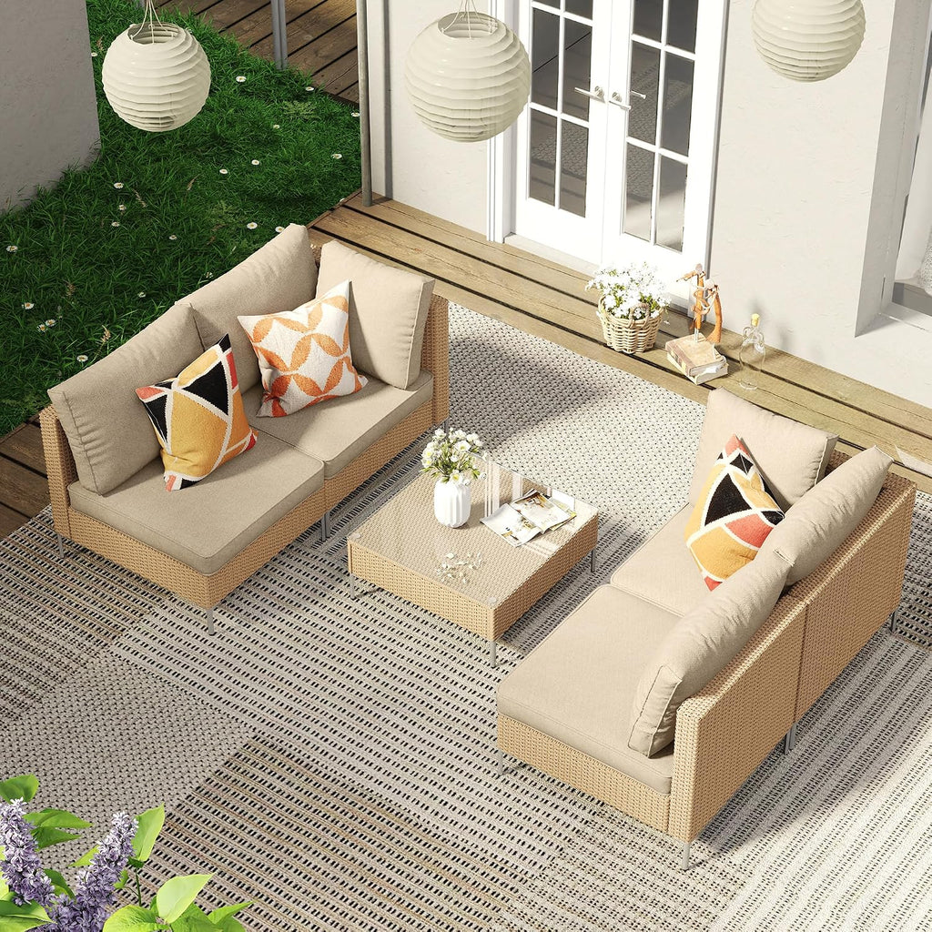 VICLLAX 2 Pieces Wicker Patio Furniture Set, Outdoor Conversation Set of 2 Armless Wicker Sofas with Cushions for Deck, Backyard, Garden, Oak Rattan