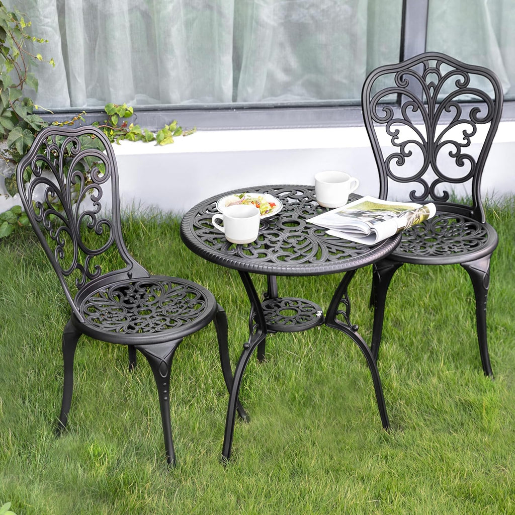 NUU GARDEN 3 Piece Bistro Set Outdoor, All Weather Cast Aluminum Patio Bistro Sets Patio Table and Chairs Set of 2 with Umbrella Hole for Yard, Balcony, Black, Butterfly Backrest