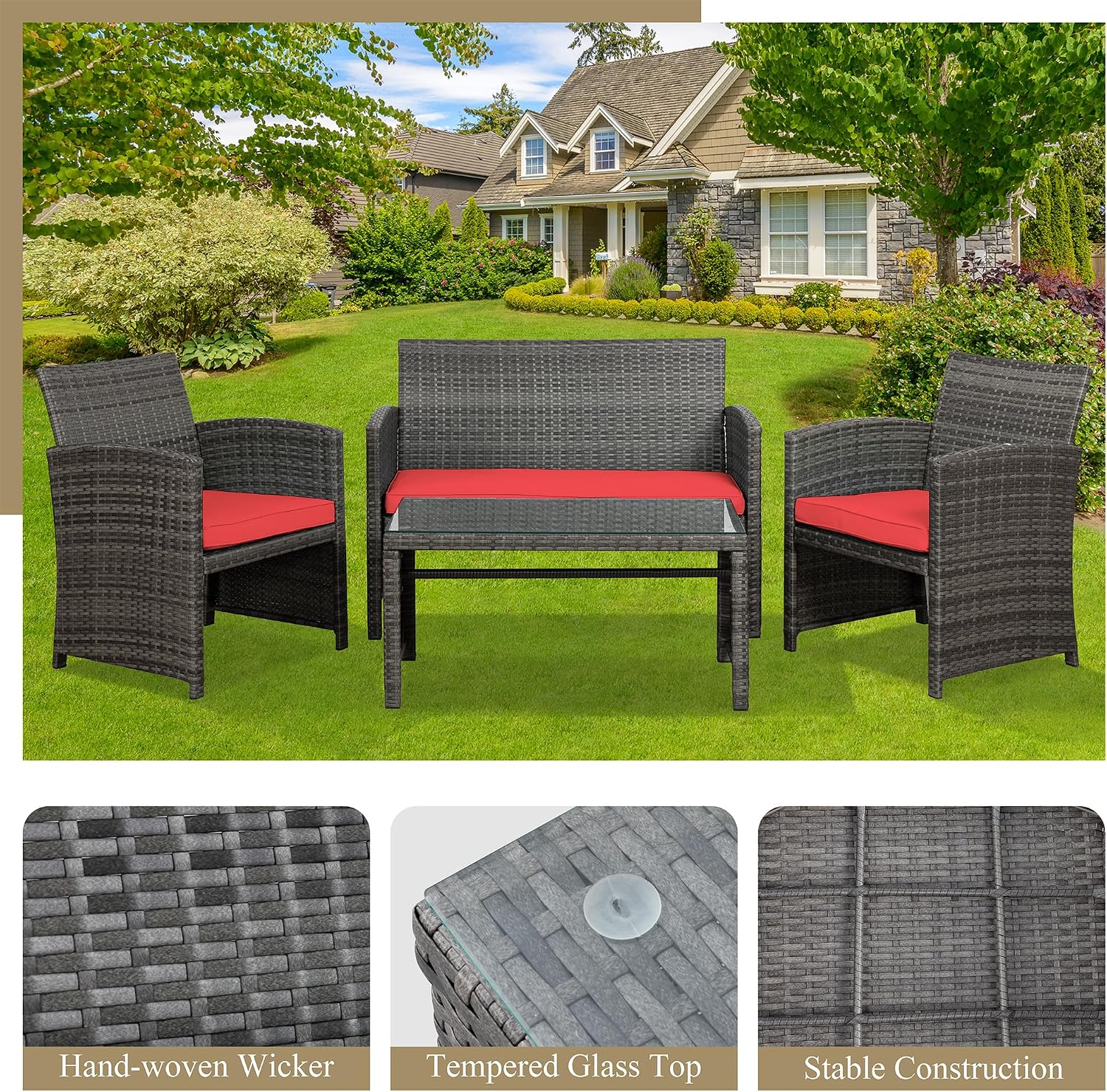 JAMFLY 4 Piece Outdoor Patio Furniture Set, Outdoor Wicker Rattan Chairs Conversation Sets with Cushions & Coffee Table for Outside, Garden, Balcony, Porch, Red