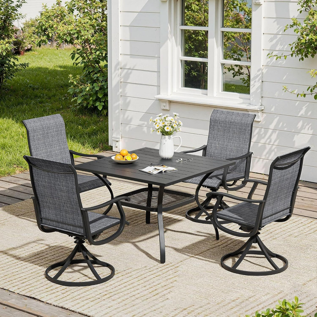 VICLLAX 5 Pieces Patio Dining Set, Outdoor Furniture Set of 4 Patio Swivel Dining Chairs and Square Patio Table with Umbrella Hole, Dark Charcoal Chairs & Black Tabletop