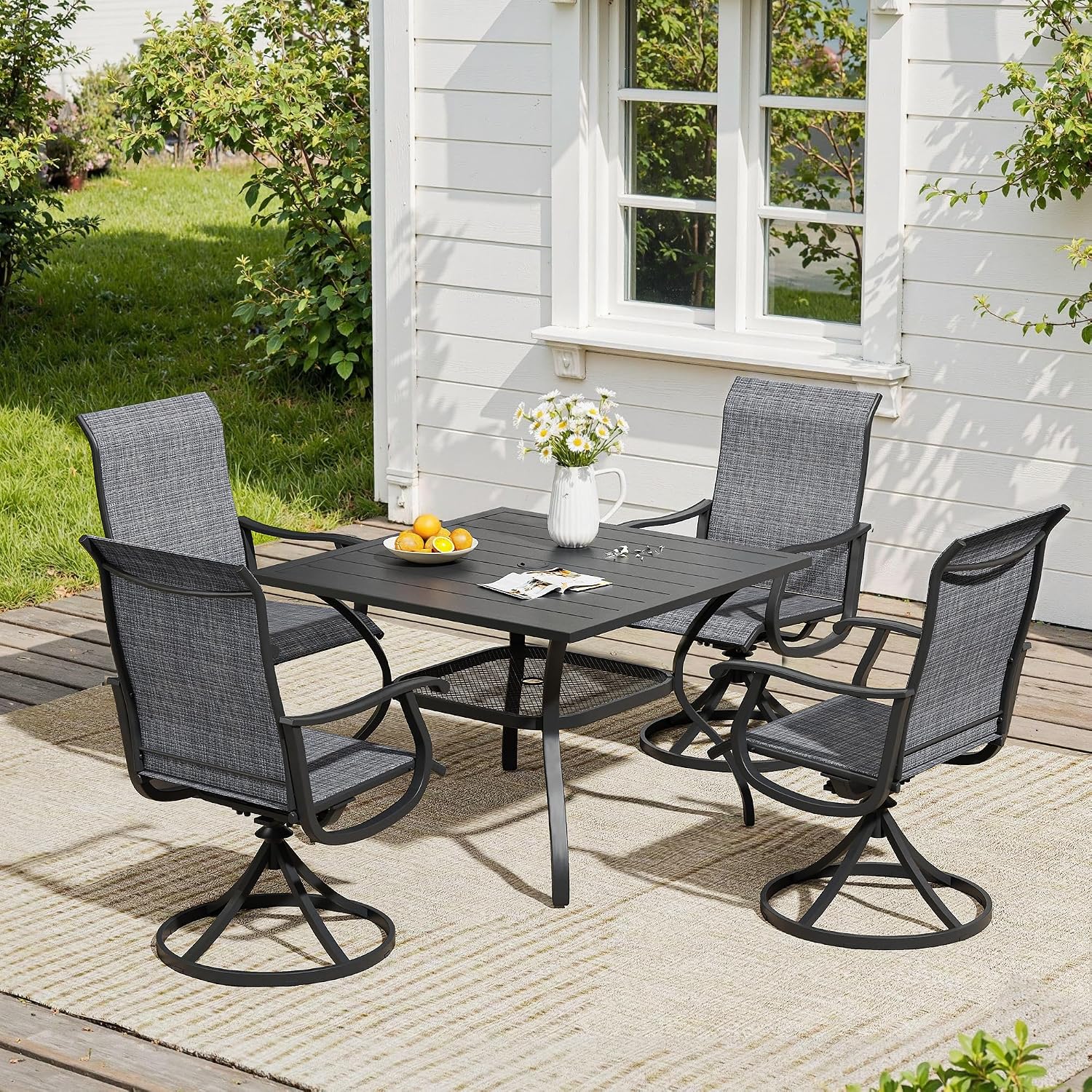VICLLAX 5 Pieces Patio Dining Set, Outdoor Furniture Set of 4 Patio Swivel Dining Chairs and Square Patio Table with Umbrella Hole, Dark Charcoal Chairs & Black Tabletop