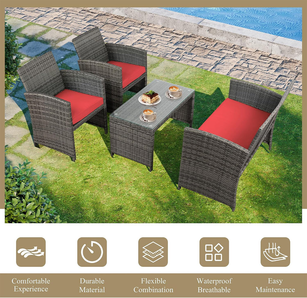 JAMFLY 4 Piece Outdoor Patio Furniture Set, Outdoor Wicker Rattan Chairs Conversation Sets with Cushions & Coffee Table for Outside, Garden, Balcony, Porch, Red