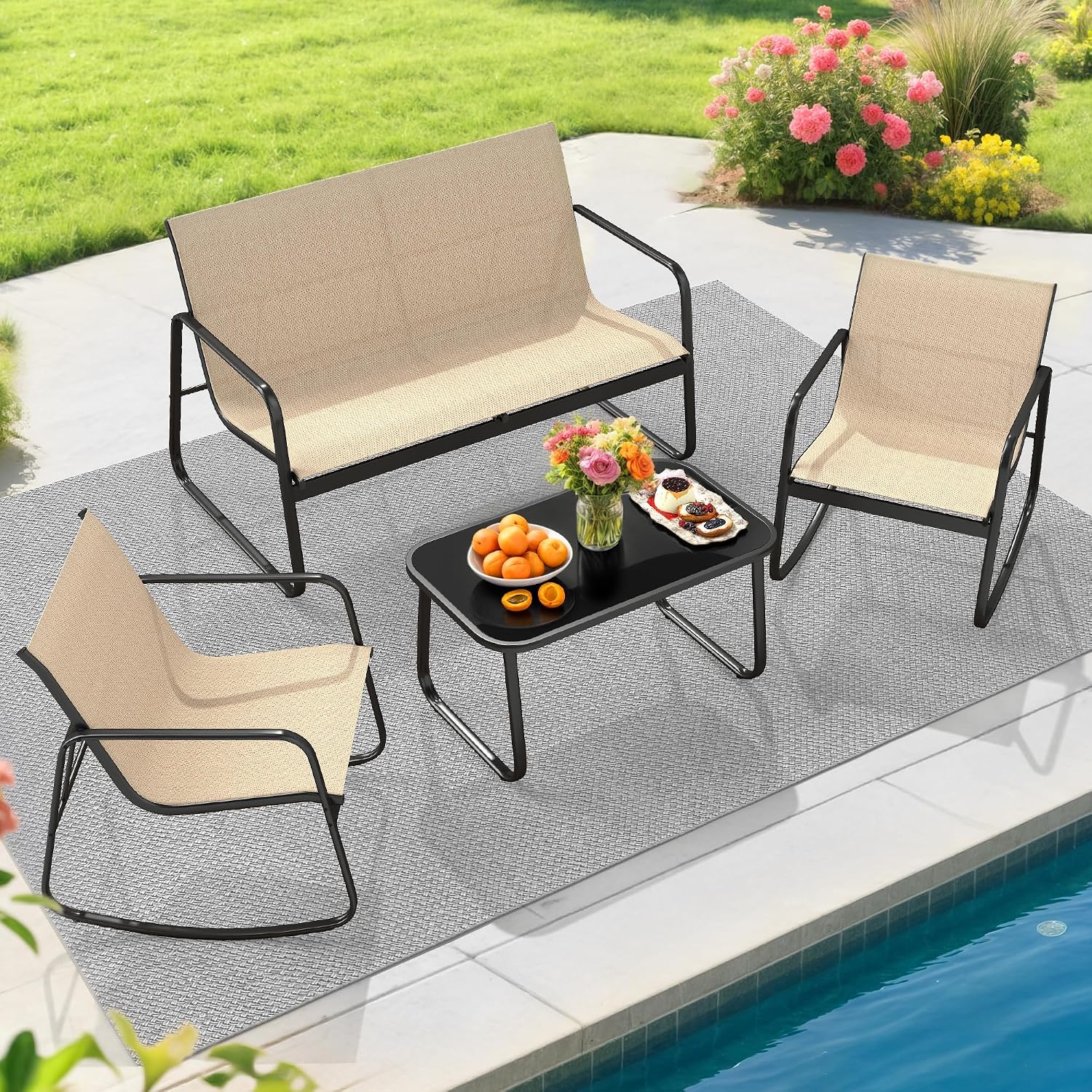 YITAHOME 4 Pieces Patio Furniture Set, Outdoor Textilene Conversation Sets Rocking Bistro Chairs, Loveseat and Glass Table for Living Room Lawn Garden Balcony Poolside Backyard (Brown)