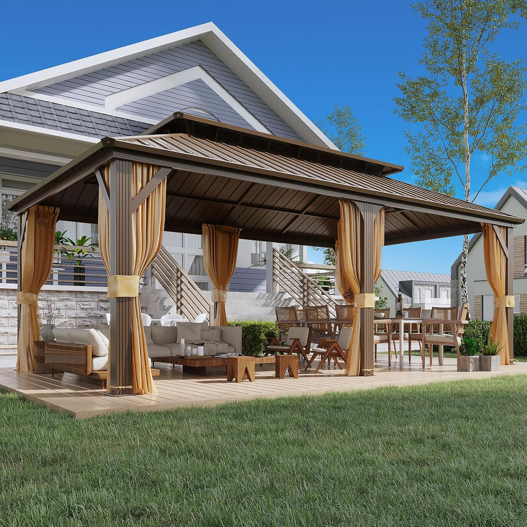 YOLENY 12' x 20' Gazebo Hardtop with Aluminum Frame,Galvanized Steel Double Roof Gazebos with Curtain and Netting,Outdoor Metal Pergolas for Garden, Lawn, Deck, Brown