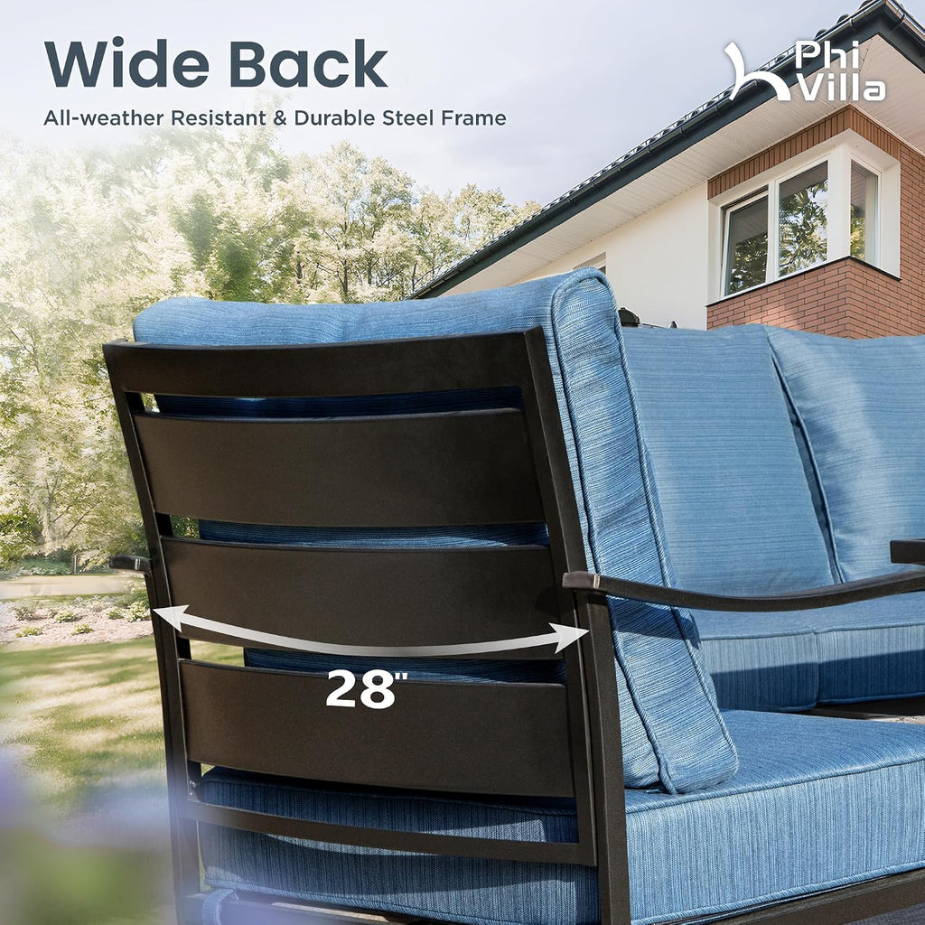 PHI VILLA 4 PCS Patio Furniture Sets for 5 Person with 1 x 3-Seat Deep Seating Bench, 2 x Cushioned Swivel Sofa Chairs & 1 x Coffee Table, Outdoor Metal Conversation Set for Lawn Garden, Peacock Blue