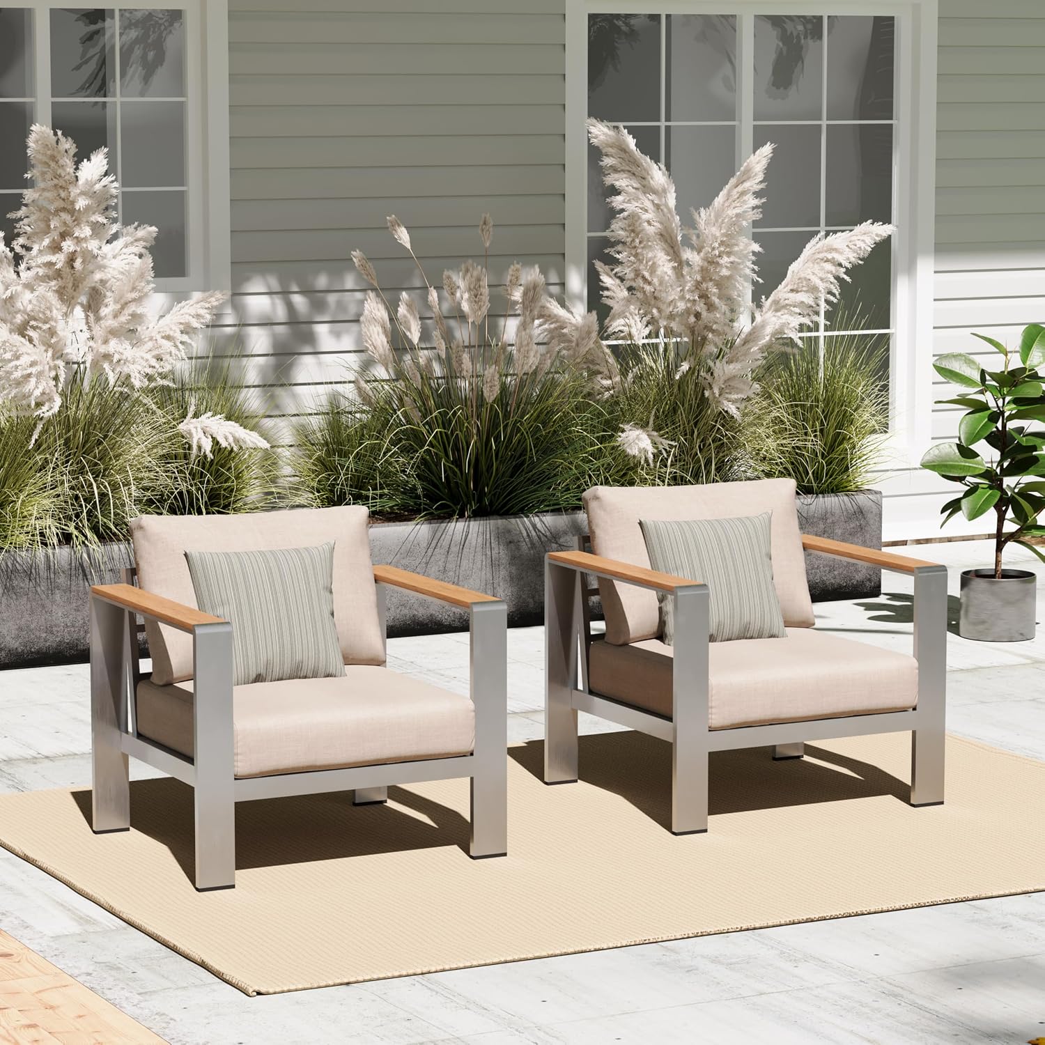 Aluminum Outdoor Patio Furniture Armchair, All-Weather Outdoor Patio Sofa with Washable Thick Cushion, Patio Sofa Couch Set of 2 for Porch, Balcony, Deck, Yard, Silver