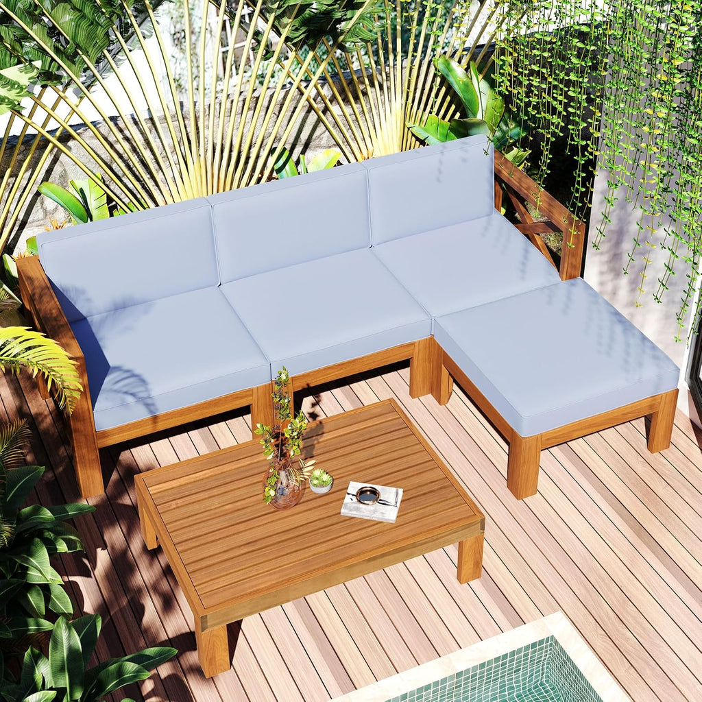 Upgrade Acacia Wood Outdoor Patio Sectional Sofa Set, 5-Piece All-Weather Conversation Sofa Set with Cushions and Side Coffee Table for Balcony Garden Backyard Poolside
