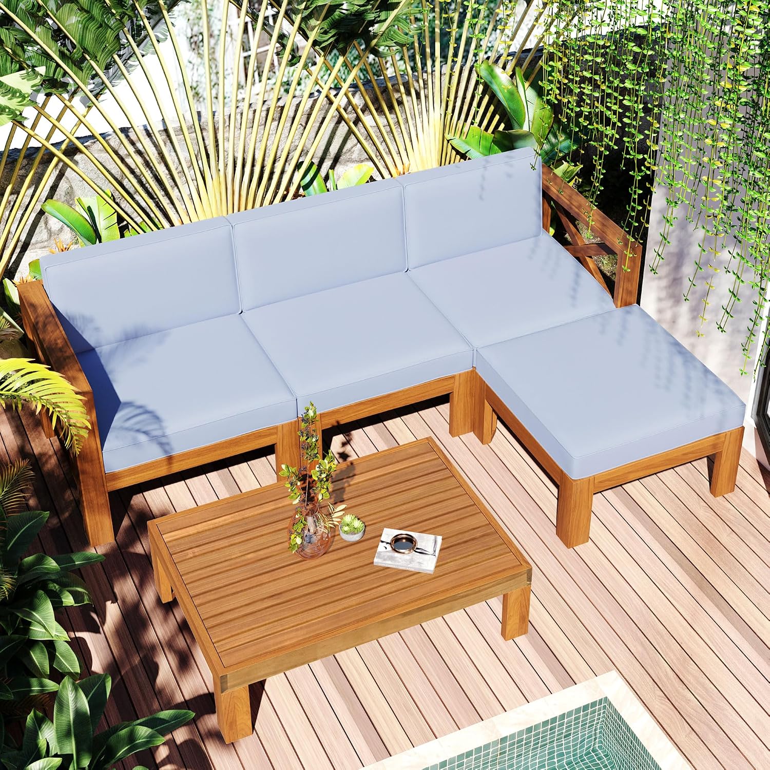 Upgrade Acacia Wood Outdoor Patio Sectional Sofa Set, 5-Piece All-Weather Conversation Sofa Set with Cushions and Side Coffee Table for Balcony Garden Backyard Poolside