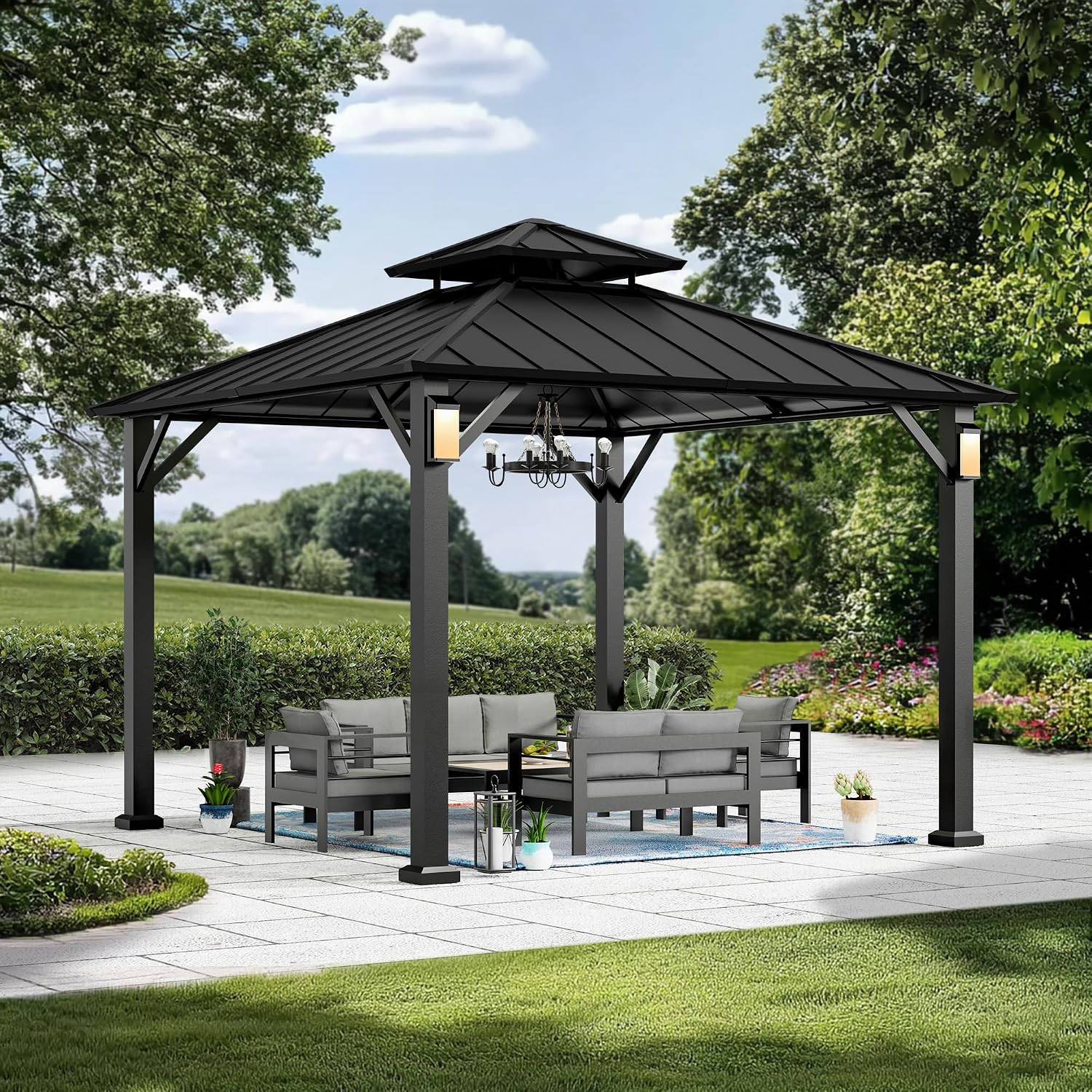 Modern Shade Hardtop Gazebo 10' x 10' with 4 LED Lights, Permanent Metal Gazebo with Galvanized Steel Double Roof & Frame, Hard Top Gazebo with Sturdy Hooks for Backyard, Deck, Garden, Lawn