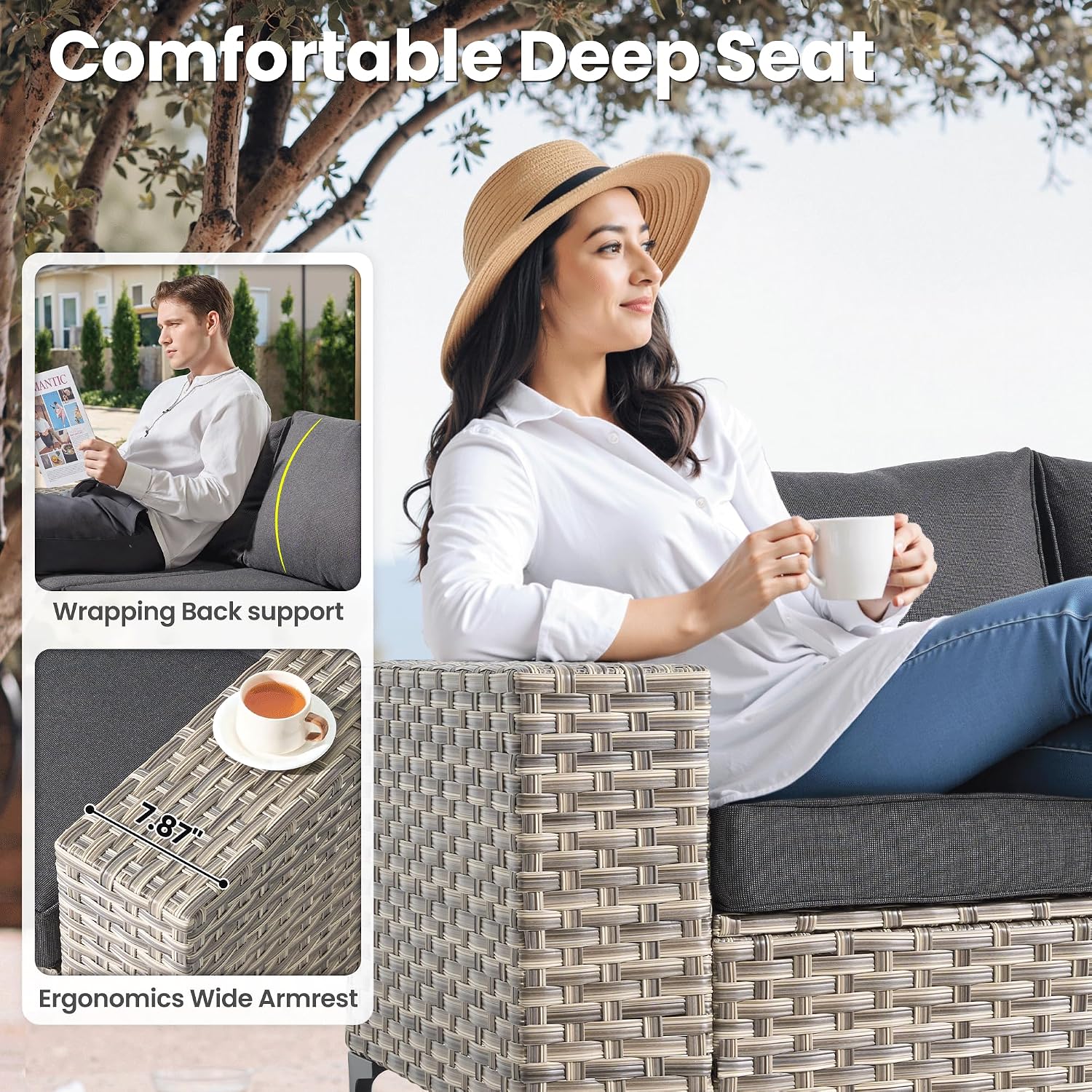 ovios 5-Piece Patio Furniture Set with L-Shape Sofa Chaise, Outdoor Sectional Couch Solar Table, Modern Modular Wicker Rattan Conversation Set, Black