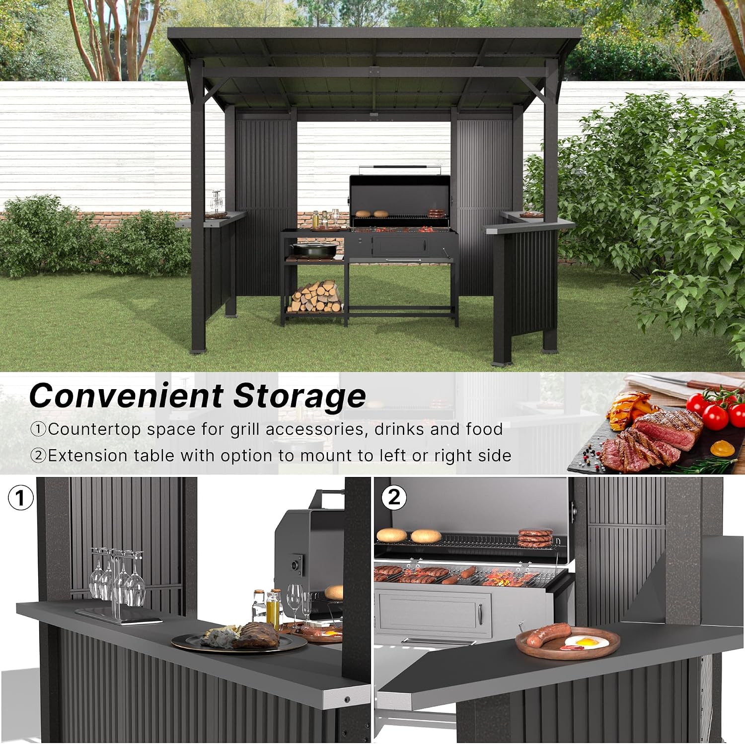 Gotland 10 FT x 10 FT Hardtop Grill Gazebo, BBQ Gazebo with 2 Extended Countertop 2 Side Shelves Drainage Holes Sloping Roof, Metal BBQ Canopy in 2 Combination Styles, for Patio Backyard Black