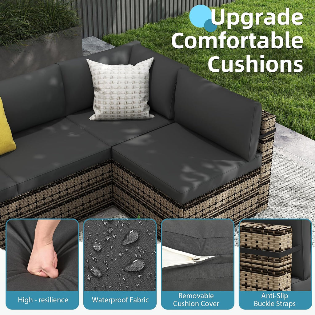 Pamapic 7 Piece Outdoor Sectional Sofa Set, All-Weather Patio Furniture with Washable Cushions, Waterproof Gray Rattan Wicker Conversation Set for Backyard, Poolside, Garden (Black Cushions)