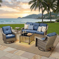ovios 5 Piece Outdoor Patio Furniture with 3 Seat Sofa,Rattan Wicker Coversation Set with Swivel Rocking Chair,Balcony Sofa Set with Shiny Table for Outside Porch Backyard Pool, Blue