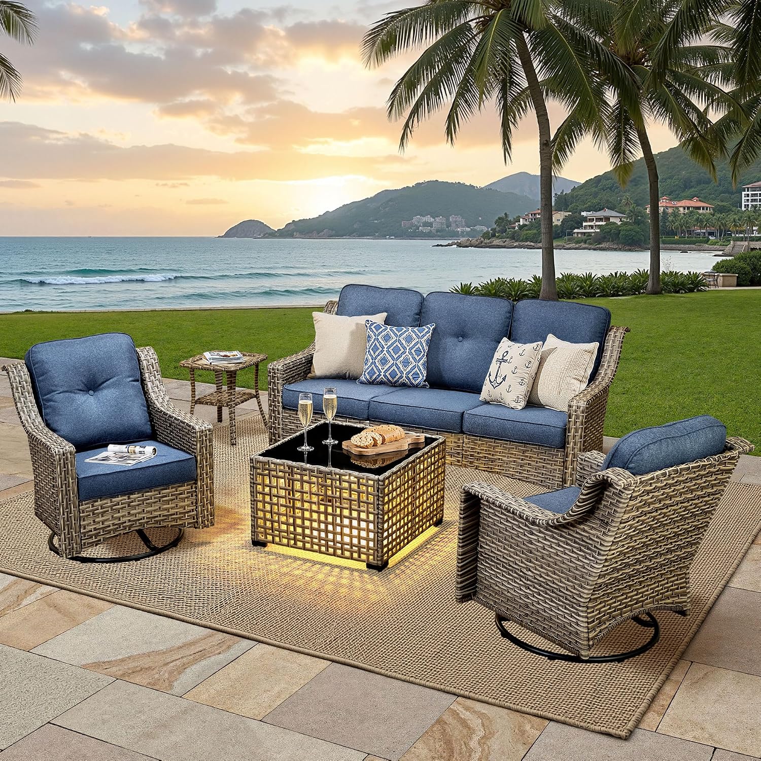ovios 5 Piece Outdoor Patio Furniture with 3 Seat Sofa,Rattan Wicker Coversation Set with Swivel Rocking Chair,Balcony Sofa Set with Shiny Table for Outside Porch Backyard Pool, Blue