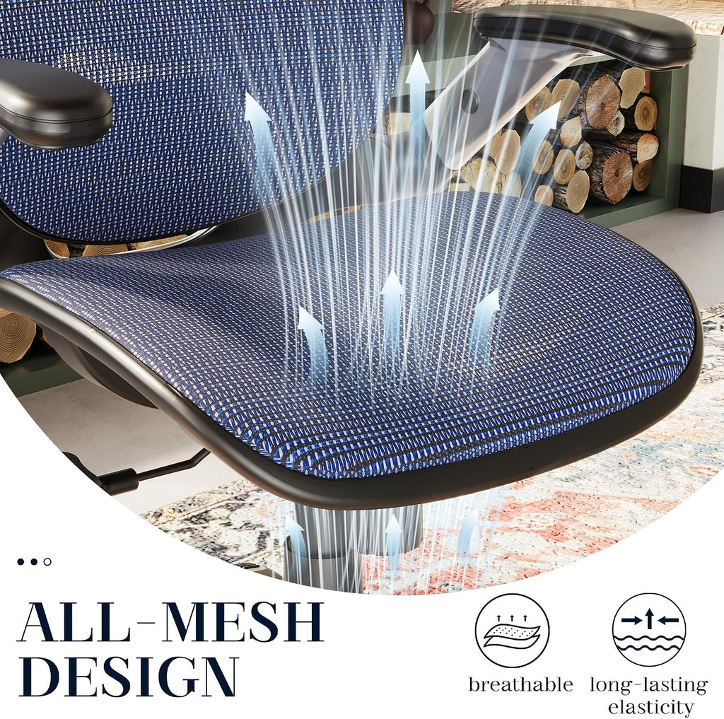 GABRYLLY Ergonomic Office Chair, High Back Mesh Desk Chair with Adjustable Headrest, Flip-Up Arms, 90-120° Tilt Lock, Lumbar Support and Comfy Seat, Swivel Computer Task Chair, Blue