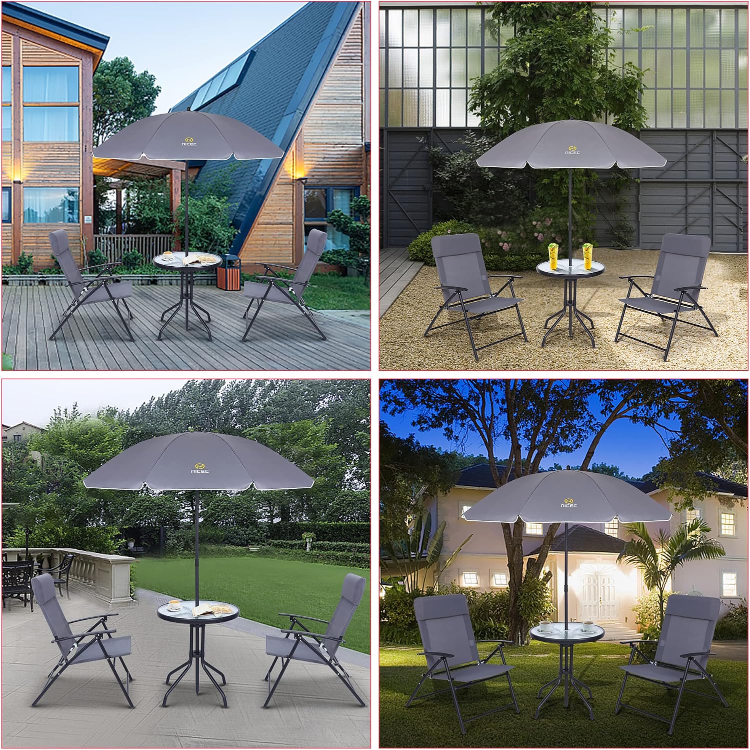 Nice C Patio Set with Umbrella, Outdoor Dinning Set, Patio Furniture Set, Patio Table Chair with Umbrella, Table and Chairs, 4-Piece Garden Furniture Set, Glass Table, 2 Folding Chairs&Umbrella (Grey)