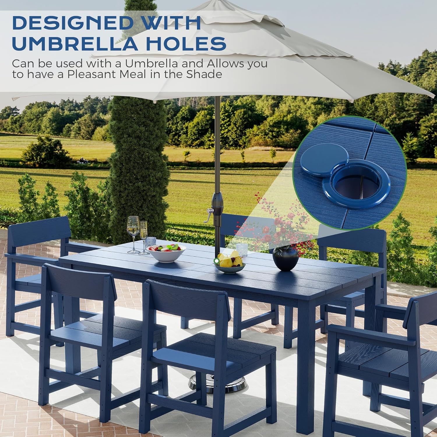 Jocoevol 7 Piece Outdoor Dining Table Set HIPS Patio Dining Sets with Umbrella Hole Outdoor Furniture for 6 All Weather Patio Furniture Set for Outside Deck Backyard Poolside Garden, Deep Blue
