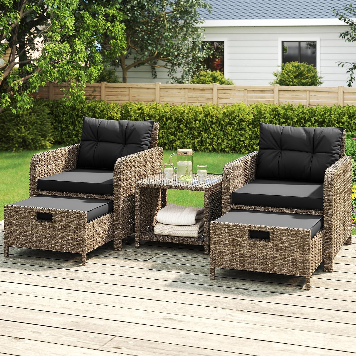 Balcony Furniture 5 Pieces Patio Set, Hand-Woven Rattan Patio Conversation Set with Soft Cushions & Coffee Table, Outdoor Chairs with Hidden Ottoman for Porch, Lawn, Garden, Balcony, Black