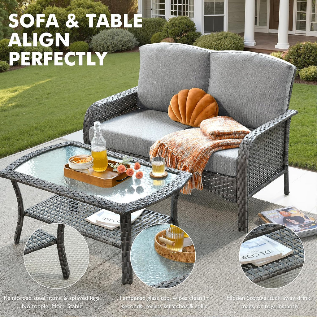 Wicker Patio Furniture Set High Back Loveseat Sofa Couch Armchair Coffee Table, All Weather Rattan 4 Pieces Outdoor Conversation Sets for Patio Porch Deck Backyard Poolside, Dark Gray