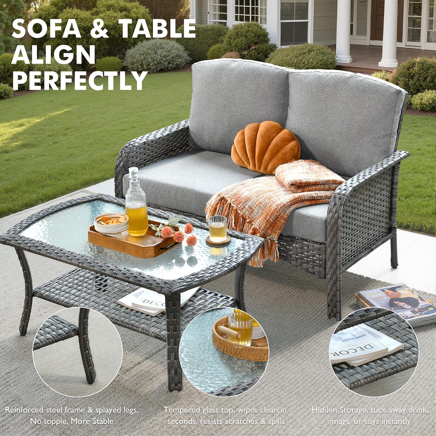 Wicker Patio Furniture Set High Back Loveseat Sofa Couch Armchair Coffee Table, All Weather Rattan 4 Pieces Outdoor Conversation Sets for Patio Porch Deck Backyard Poolside, Dark Gray