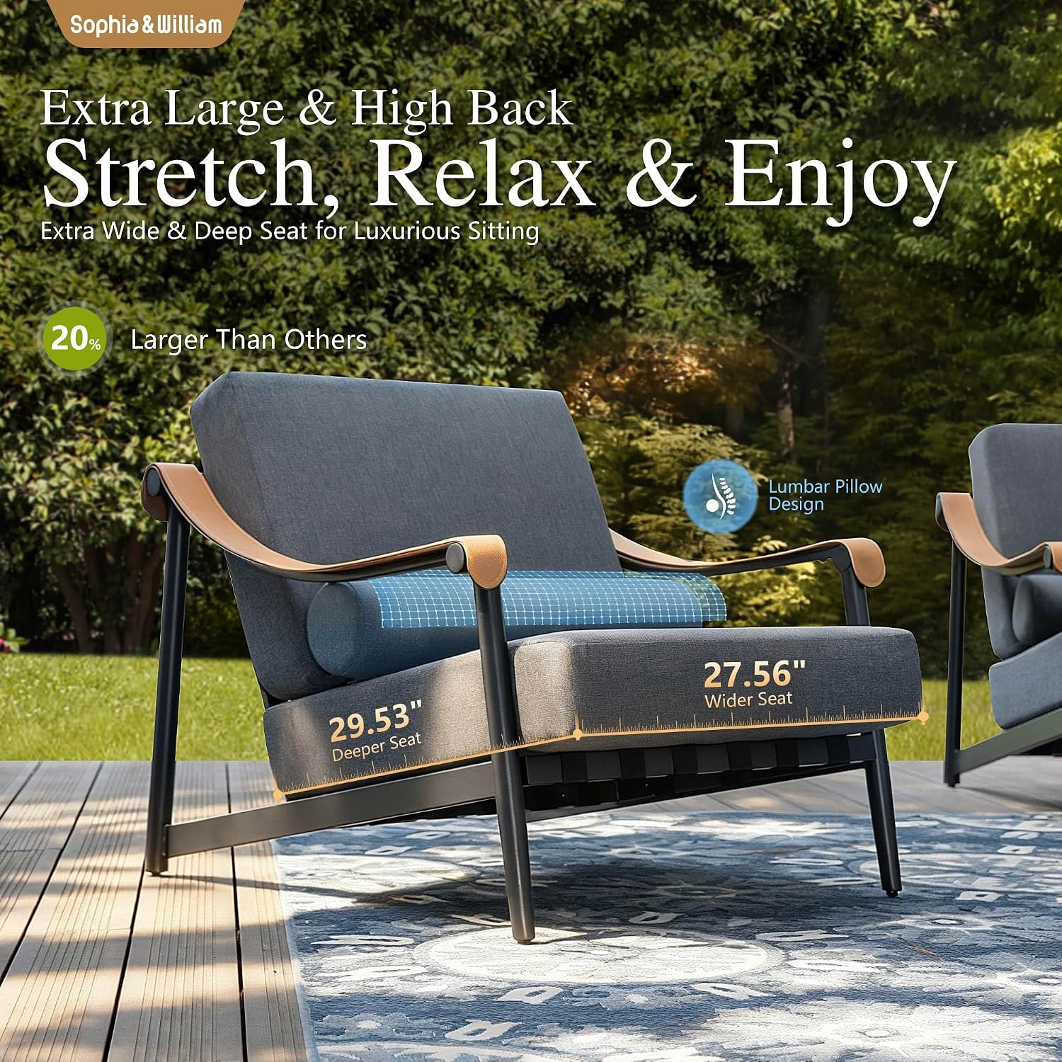 Sophia & William Luxury Patio Furniture Set Outdoor Conversation Set 6pcs, 6.3' Extra Thick Cushion Heavy Duty with Extra Wide & Deep Seat for 4, Side Table with Coffee Table for Pool Garden Backyard