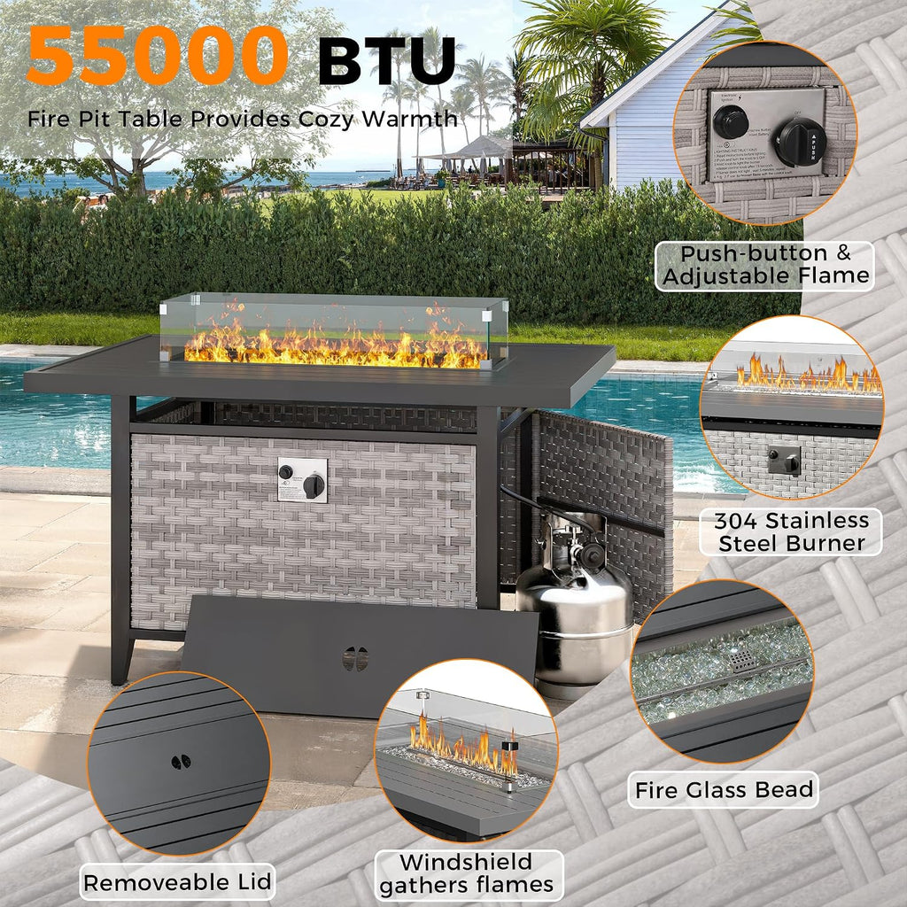 6-Seat Modern Outdoor Wicker Rattan Patio Furniture Set with 55,000 BTU Fire Pit Table, Thick 4″ Cushions, All-Weather Dual-Strand Rattan, Rust-Resistant Steel Frame,Navy