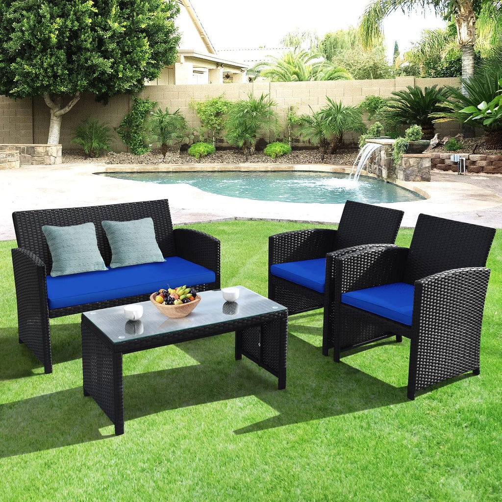Goplus Rattan Patio Furniture Set 4 Pieces, Outdoor Wicker Conversation Sofa and Table Set with Soft Cushions & Tempered Glass Coffee Table for Balcony Garden Backyard (Blue)