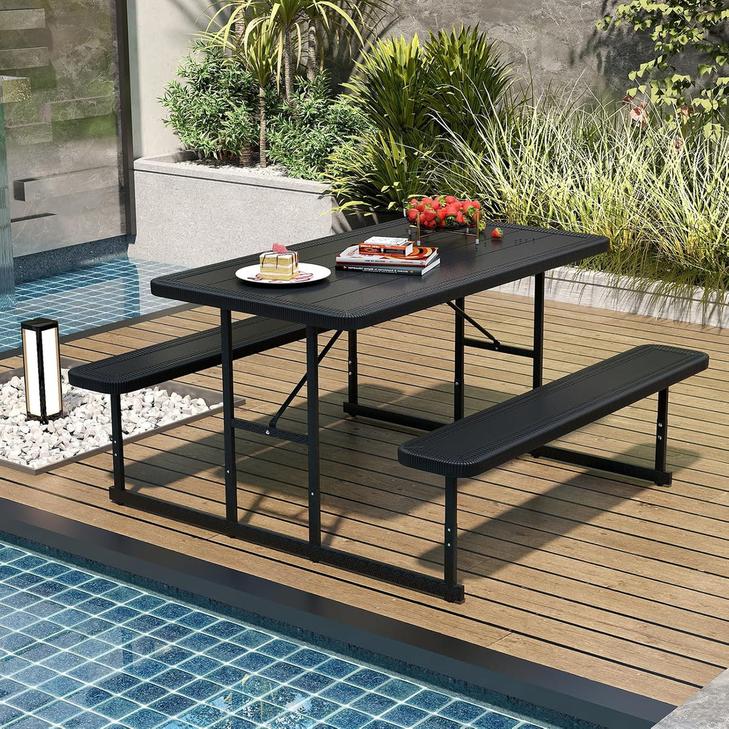Giantex Picnic Table Bench Set for 4 People, 4.5FT Outdoor Rectangular Dining Table & 2 Benches w/Umbrella Hole, HDPE Tabletop, Metal Frame, Patio Garden Backyard Poolside (4.5FT,Non-Foldable,Black)