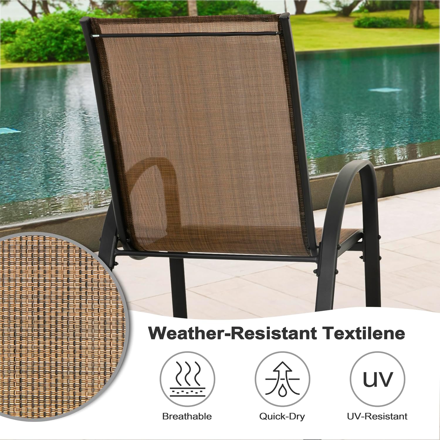 NUU GARDEN 5 PCS Patio Dining Set, Metal Outdoor Table and Chairs, with 4 Stackable Chairs and 31.5'' Square Table with Umbrella Hole, Outdoor Dining Set for Lawn, Balcony, Garden, Black and Brown