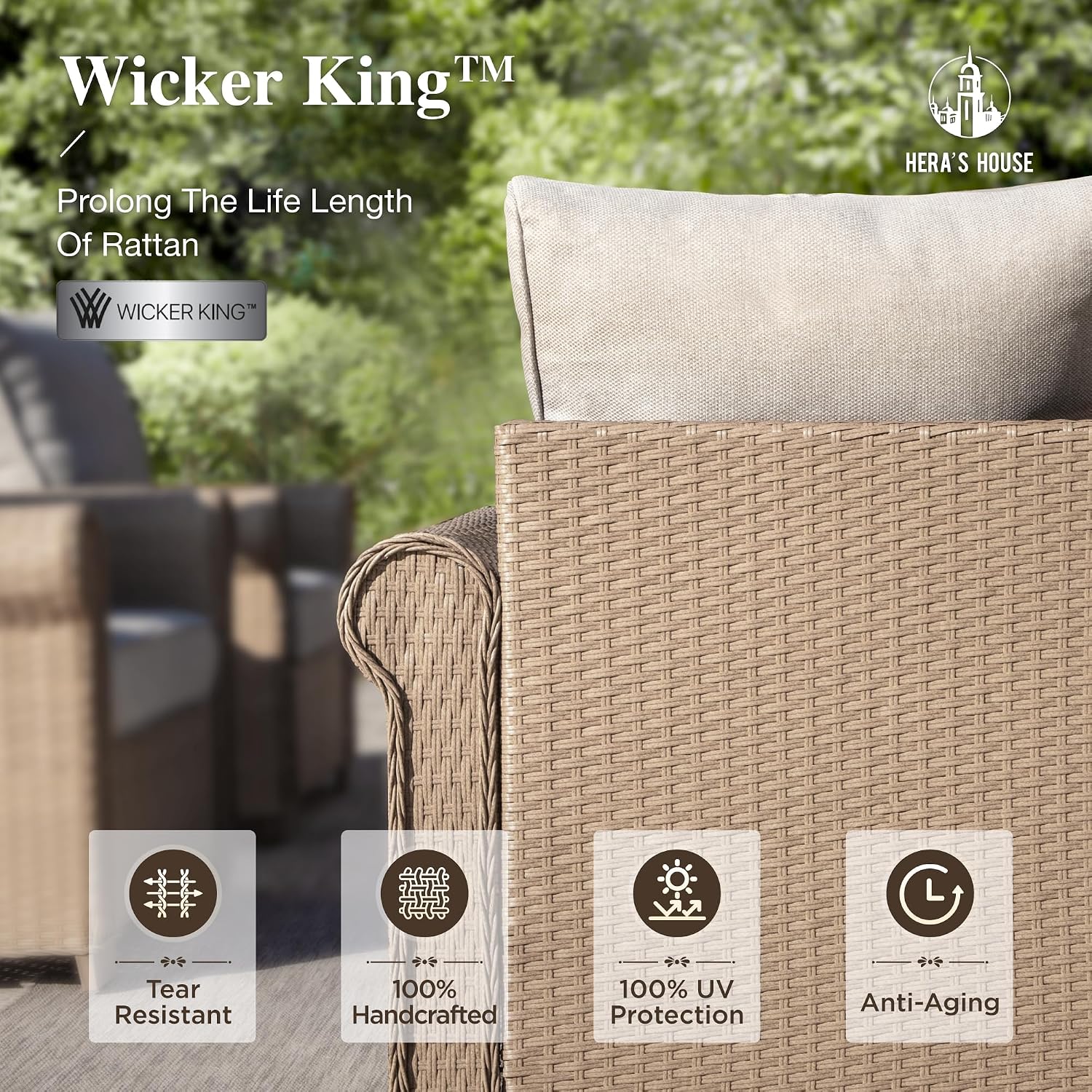 HERA'S HOUSE 5 Pieces Patio Furniture Set, All Weather 7 Seats Outdoor Wicker Sofa with Ottoman, 5.5' Thick Waterproof Cushion Conversation Set for Garden Deck Backyard, Beige