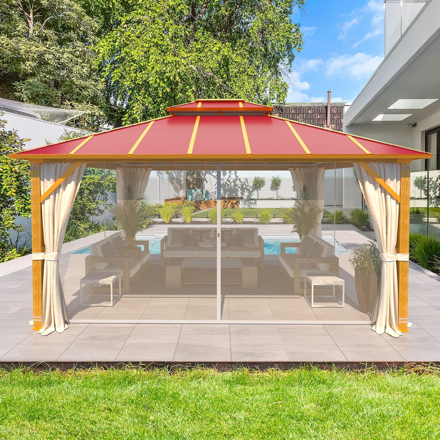 MELLCOM 12' x 14' Hardtop Gazebo, Wooden Finish Coated Aluminum Frame Outdoor Gazebo with Aluminum Double Roof, Claret Metal Gazebo with Curtains and Nettings for Patios, Gardens, Lawns