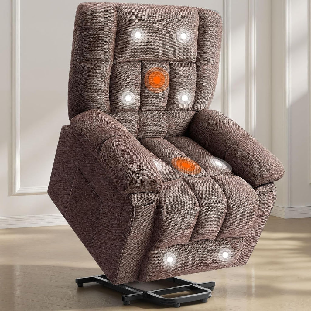 Sweetcrispy Power Lift Recliner Chair with Vibration Massage and Heat for Adults, Ergonomic Overstuffed Breathable Fabric Reclining Chair with Side Pockets, Remote Control, Living Room, Bedroom, Brown