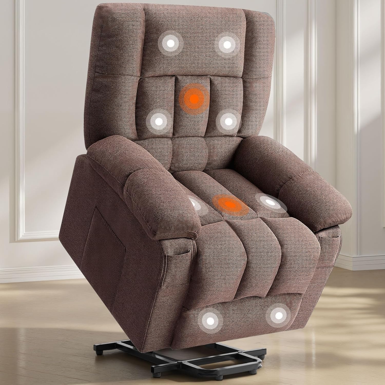 Sweetcrispy Power Lift Recliner Chair with Vibration Massage and Heat for Adults, Ergonomic Overstuffed Breathable Fabric Reclining Chair with Side Pockets, Remote Control, Living Room, Bedroom, Brown