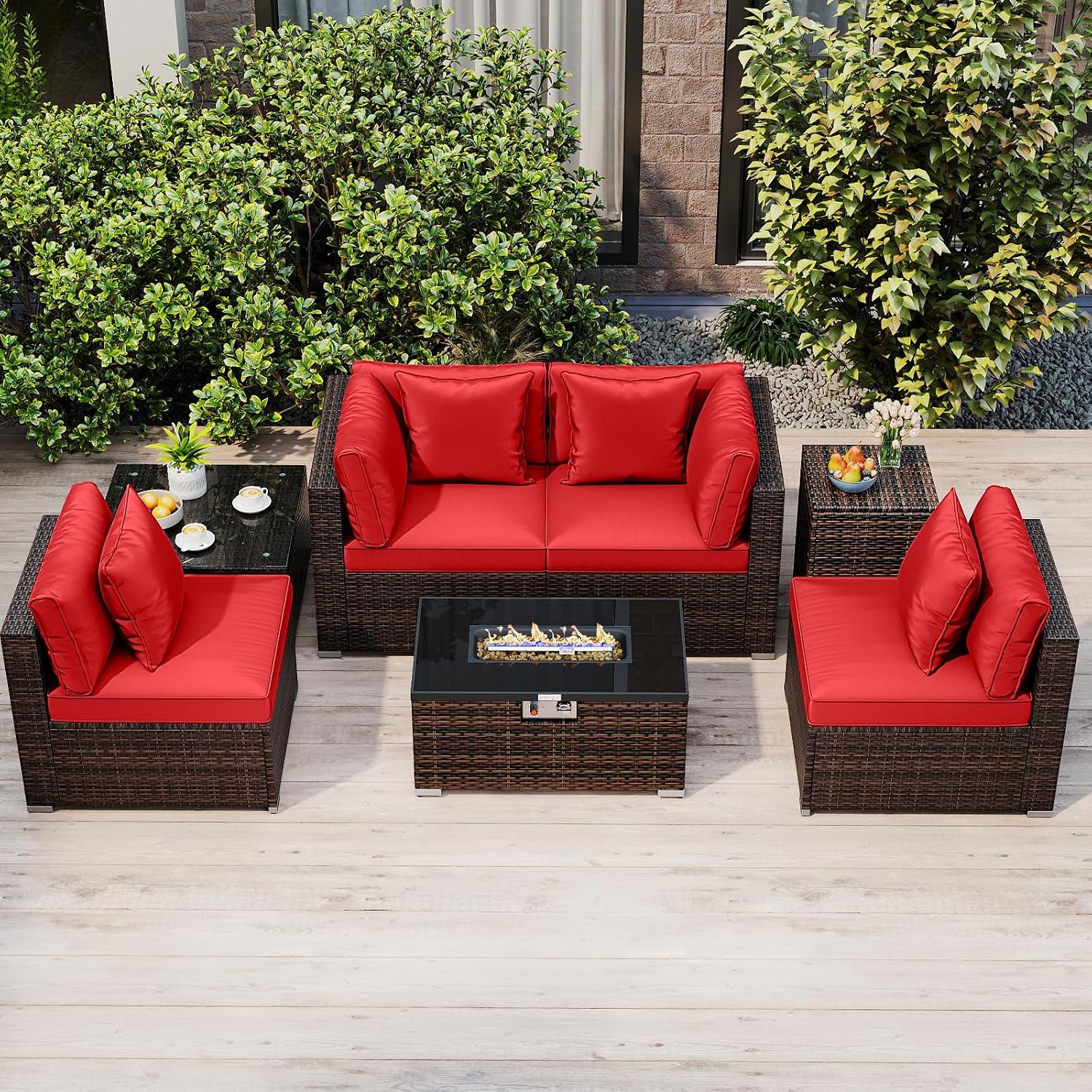 Tangkula 7 Pieces Wicker Patio Furniture Set with 40,000 BTU Gas Fire Pit Table & Propane Tank Cover Table & Glass Top Coffee Table, for Garden, Backyard and Poolside (Red)