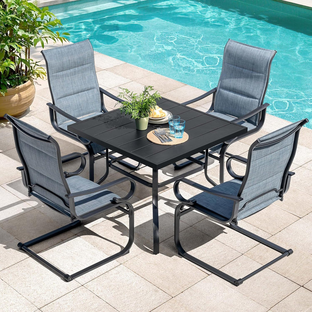 NUU GARDEN 5-Piece Outdoor Patio Furniture Dining Set, 37' Square Metal Table with 1.6' Umbrella Hole and 4 Textilene Padded Chairs, All-Weather Dining Set for Backyard, Deck, Garden, Blue