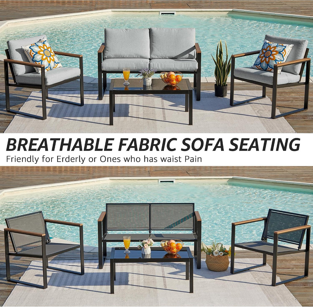 NATURAL EXPRESSIONS 4 Pieces Patio Furniture Sets,Outdoor Metal Sectional Furniture Modern Patio Conversation Set,Fauxwood Anti-Scald Armrest,Sling Mesh,Tempered-Glass Table,4' Olefin Cushions