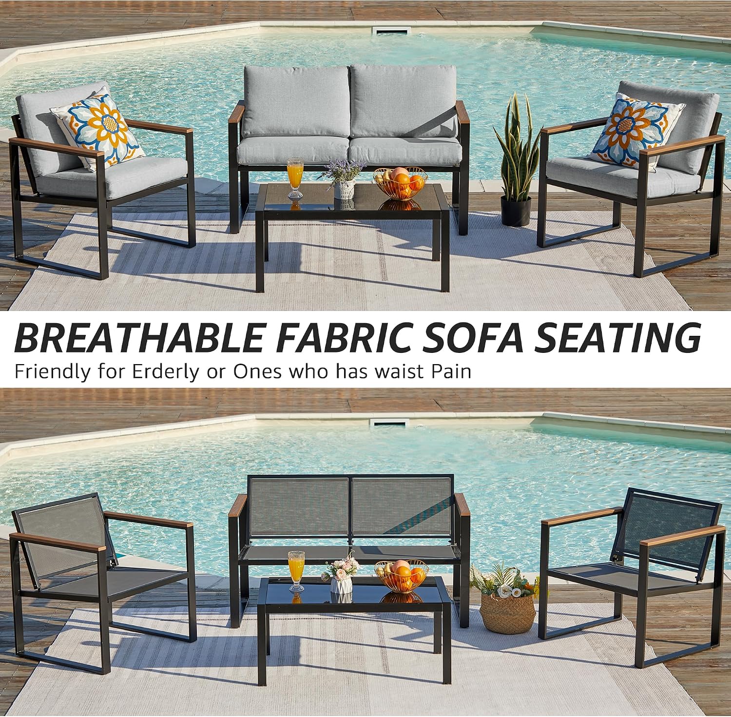 NATURAL EXPRESSIONS 4 Pieces Patio Furniture Sets,Outdoor Metal Sectional Furniture Modern Patio Conversation Set,Fauxwood Anti-Scald Armrest,Sling Mesh,Tempered-Glass Table,4' Olefin Cushions