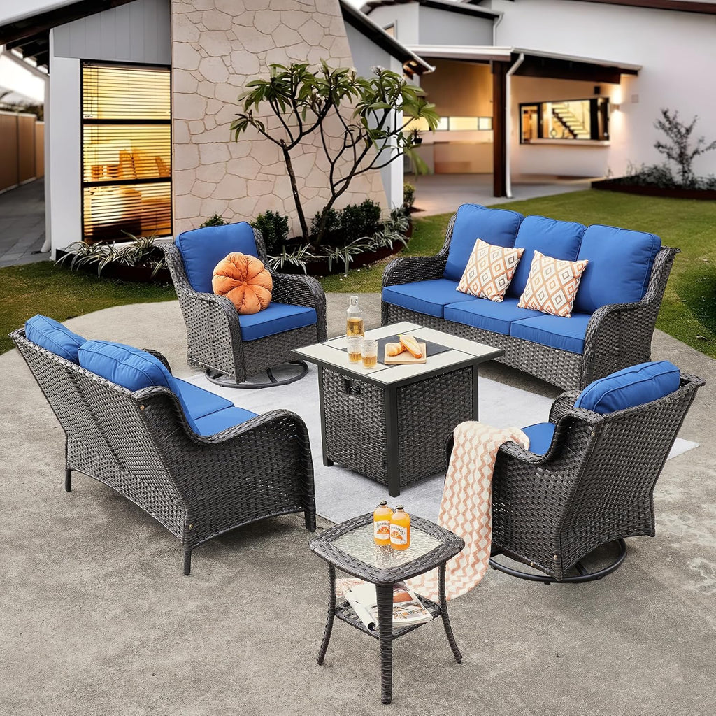 ovios 6 Pieces Patio Furniture Set with 30 inch Fire Pit Table, Outdoor Wicker Sofa Couch Loveseat, Swivel Rocking Glider Chairs, Modern Conversation Set, Brown Rattan, Navy Blue