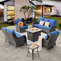 ovios 6 Pieces Patio Furniture Set with 30 inch Fire Pit Table, Outdoor Wicker Sofa Couch Loveseat, Swivel Rocking Glider Chairs, Modern Conversation Set, Brown Rattan, Navy Blue