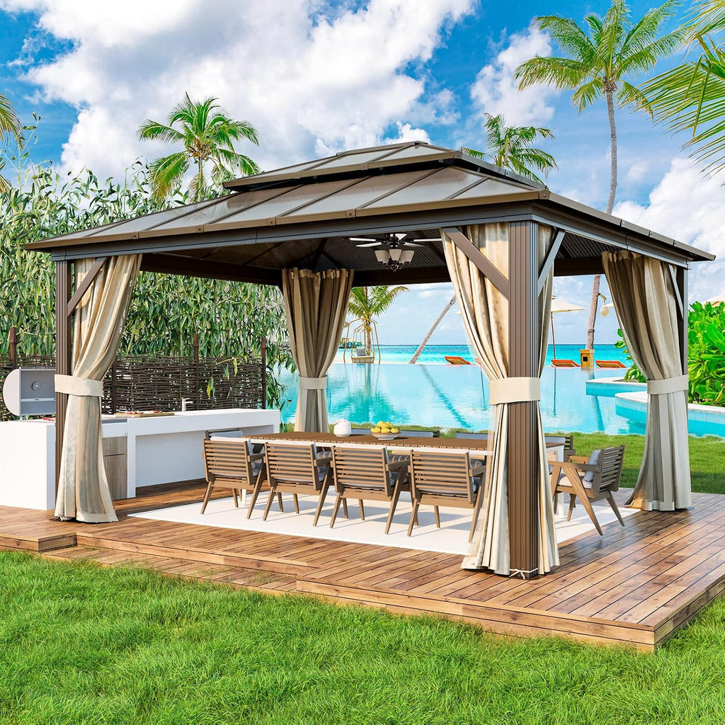 YOLENY 12'x14' Hardtop Gazebo, Aluminum Frame Outdoor Gazebos with Polycarbonate Vertical Stripe Double Canopy, Includeds Netting and Curtains for Patios, Decks, Backyards, Lawns and Garden