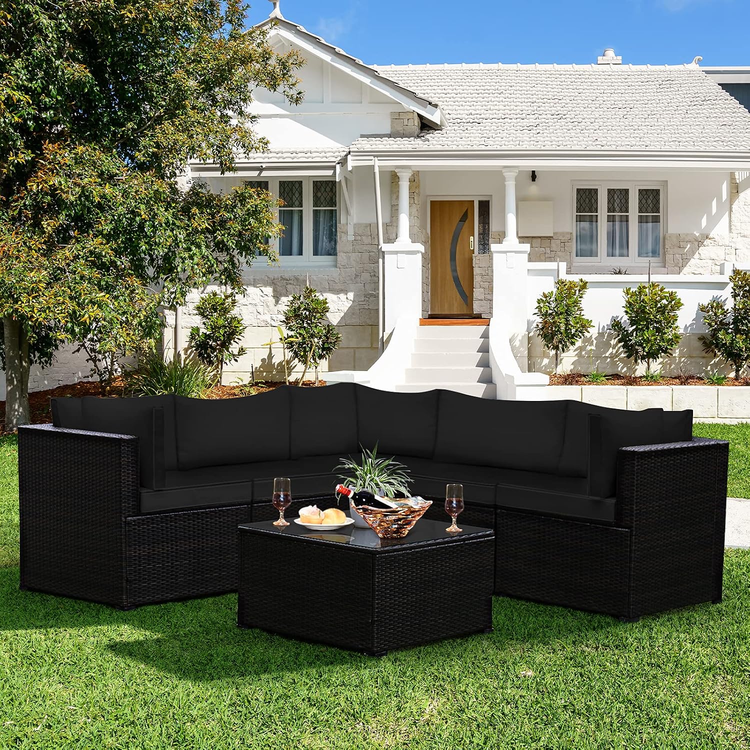Tangkula 6 Pieces Patio Furniture Set, Outdoor Rattan Sofa Set, Wicker Conversation Set w/Tempered Glass Coffee Table & Cushions, Sectional Sofa Set for Backyard, Garden, Balcony, Poolside (Black)