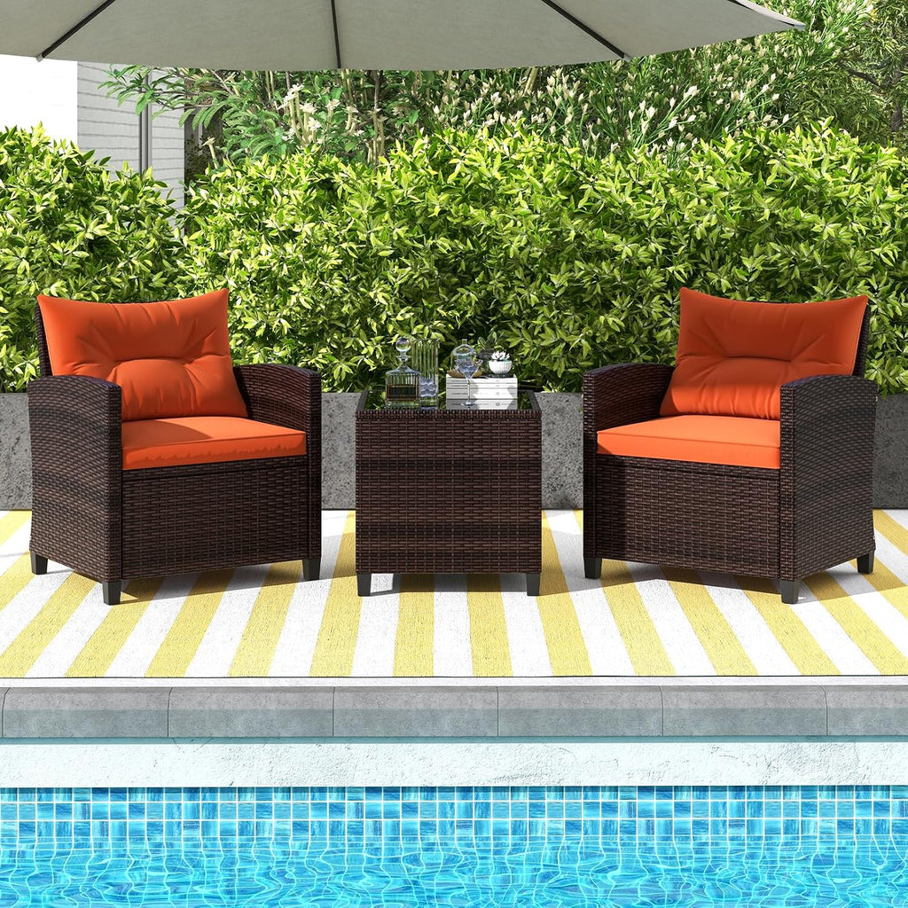 ORALNER 3 Pieces Patio Furniture Set, Outdoor Wicker Conversation Set Rattan Chairs with Cushions, Glass Coffee Table, Bistro Set for Front Porch Balcony Garden Deck Poolside (Orange)