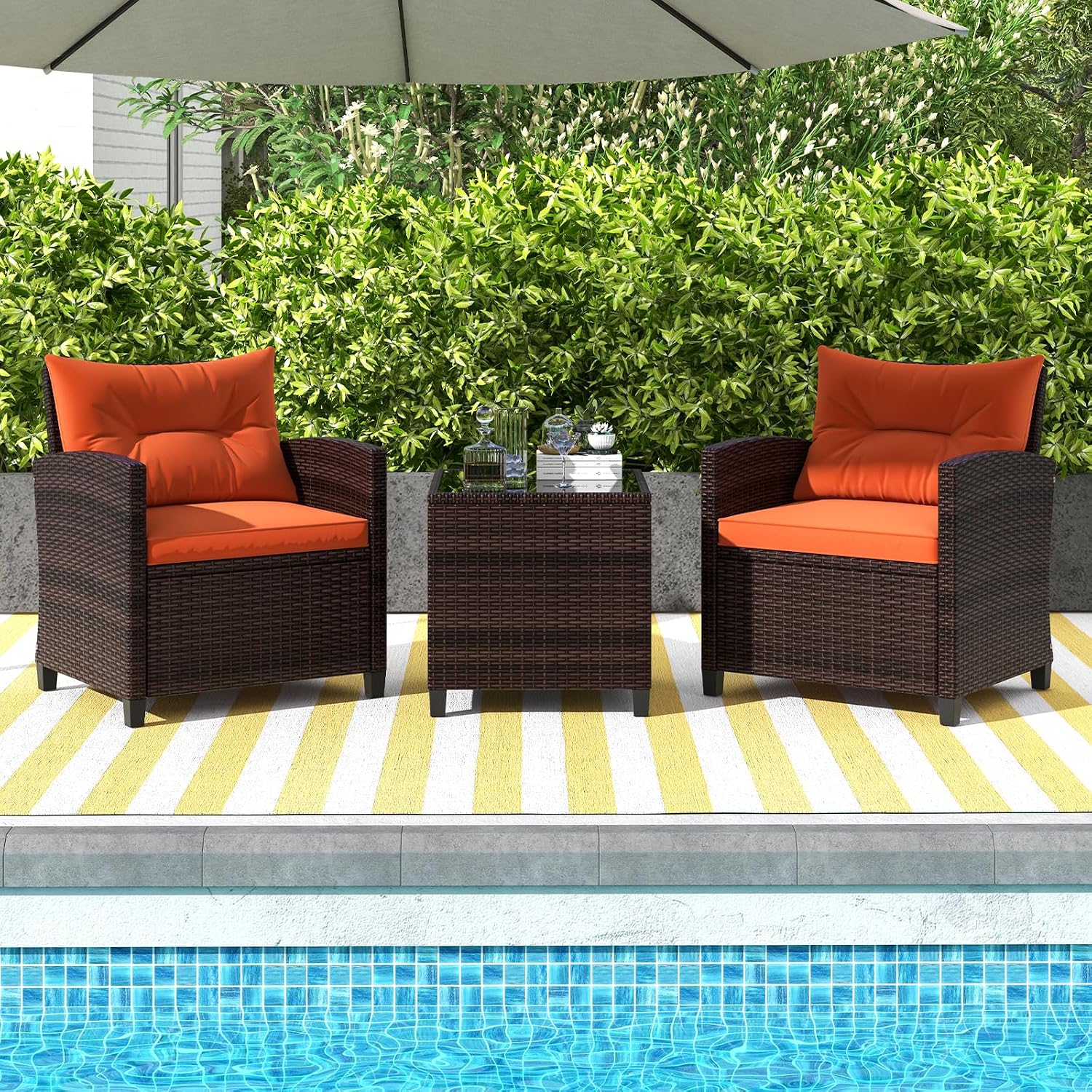 ORALNER 3 Pieces Patio Furniture Set, Outdoor Wicker Conversation Set Rattan Chairs with Cushions, Glass Coffee Table, Bistro Set for Front Porch Balcony Garden Deck Poolside (Orange)