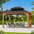 Modern Shade Rosewood Wood Gazebo 10' x 12', Hardtop Gazebo Permanent with Double Galvanized Steel Roof, Cedar Outdoor Gazebo with Sturdy Hooks for Garden, Backyard, Patio, and Deck