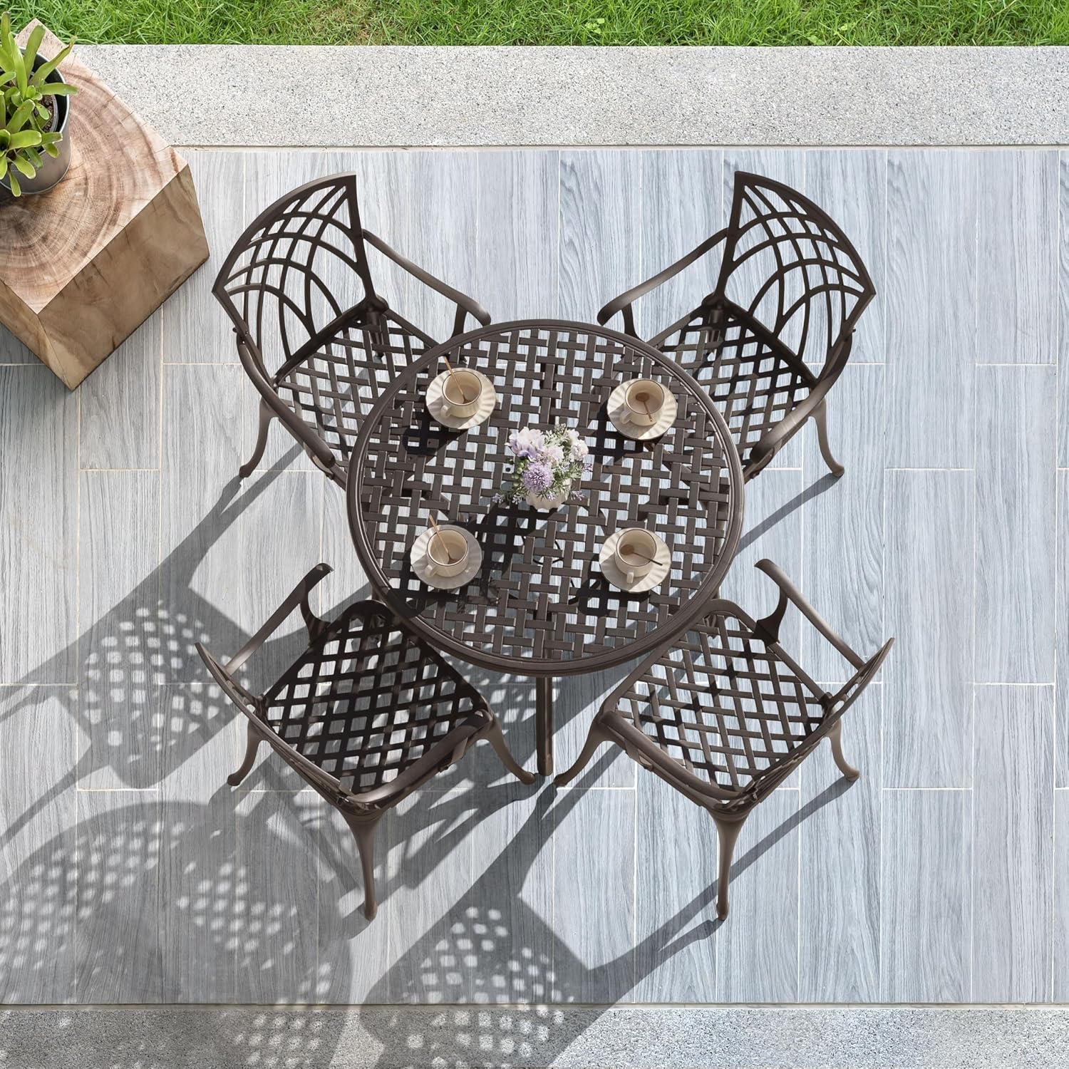 NUU GARDEN 5 Piece Outdoor Patio Dining Set, All-Weather Round Cast Aluminum Dining Table with 1.97'' Umbrella Hole and Outdoor Patio Dining Chairs for Patio, Garden, Backyard, Balcony, Bronze